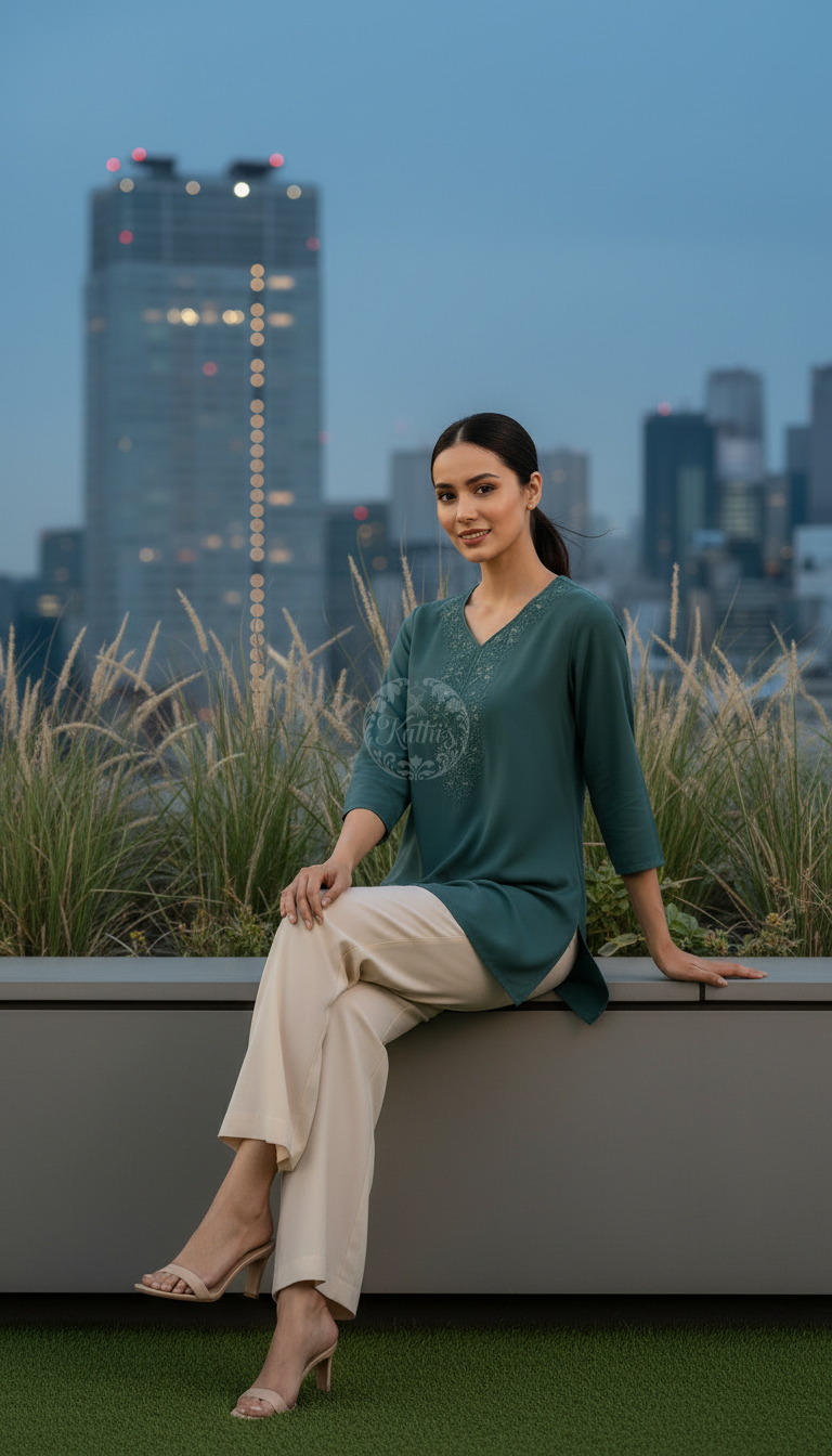 Teal Green Rayon Embroidered Tunic With Thread Work