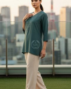 Teal Green Rayon Embroidered Tunic With Thread Work