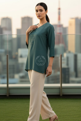 Teal Green Rayon Embroidered Tunic With Thread Work
