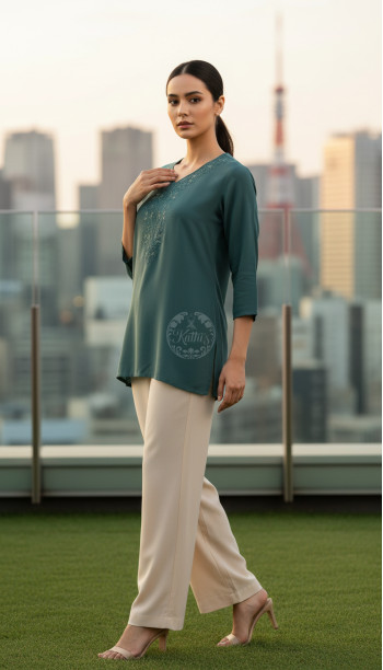 Teal Green Rayon Embroidered Tunic With Thread Work