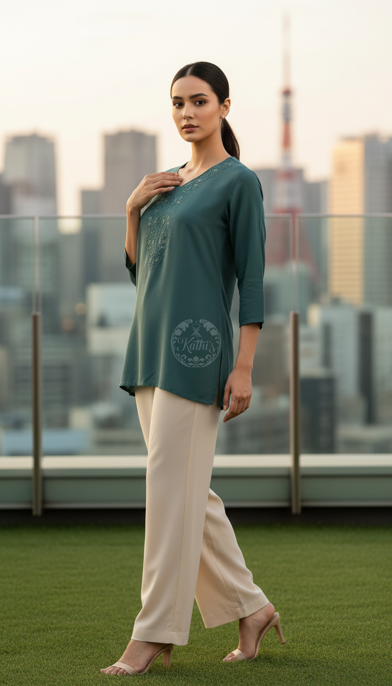 Teal Green Rayon Embroidered Tunic With Thread Work