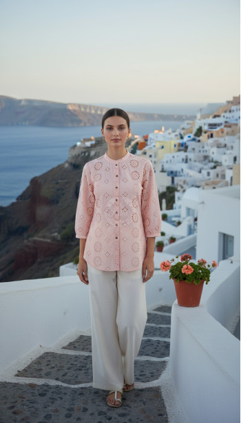 Peach Cotton Floral Schiffli Design Tunic