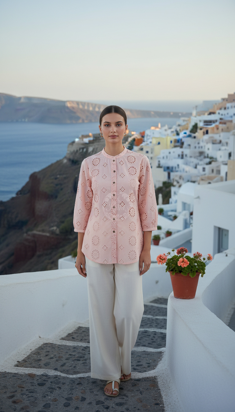 Peach Cotton Floral Schiffli Design Tunic