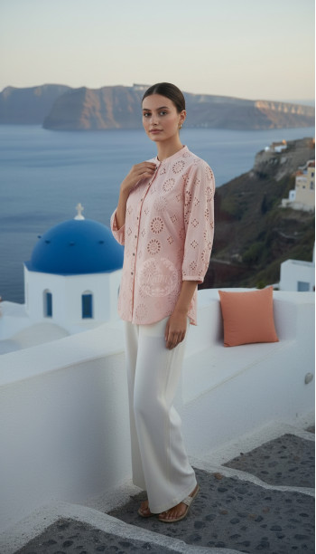 Peach Cotton Floral Schiffli Design Tunic