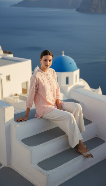 Peach Cotton Floral Schiffli Design Tunic