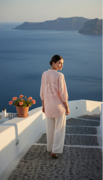 Peach Cotton Floral Schiffli Design Tunic