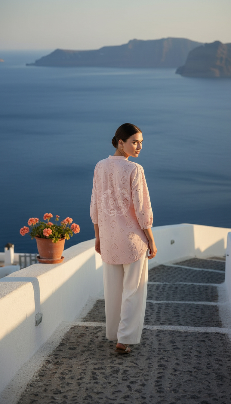 Peach Cotton Floral Schiffli Design Tunic