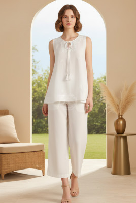 White Rayon Crepe Embroidered A-Line Tunic