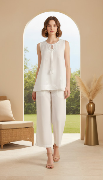 White Rayon Crepe Embroidered A-Line Tunic