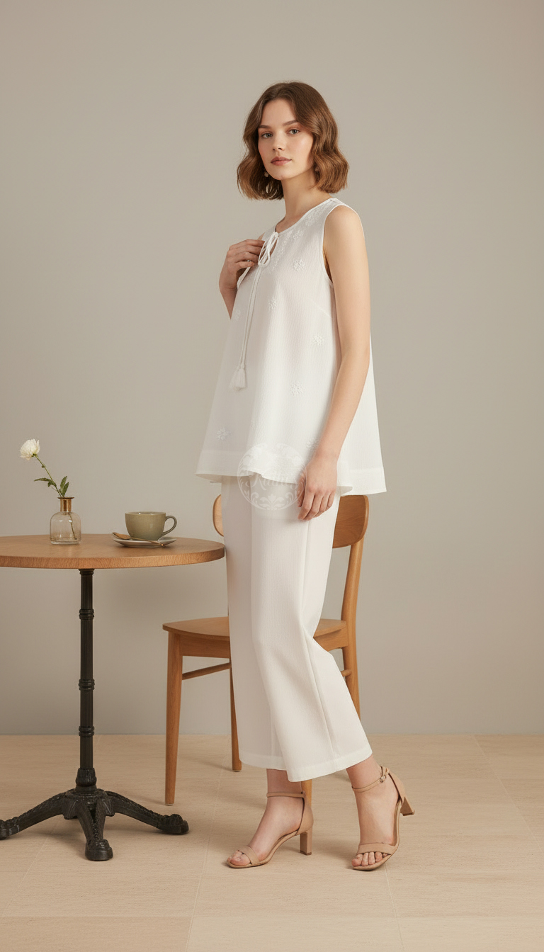 White Rayon Crepe Embroidered A-Line Tunic