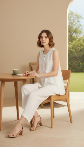 White Rayon Crepe Embroidered A-Line Tunic