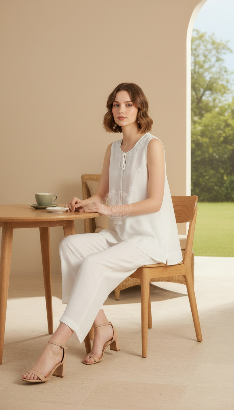 White Rayon Crepe Embroidered A-Line Tunic