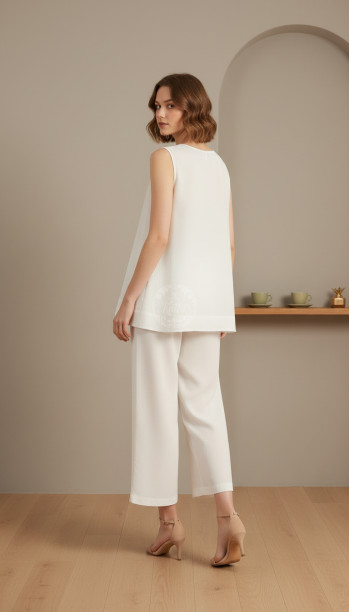 White Rayon Crepe Embroidered A-Line Tunic