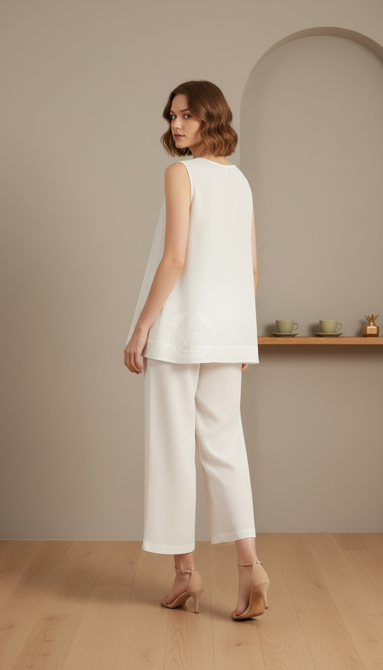 White Rayon Crepe Embroidered A-Line Tunic
