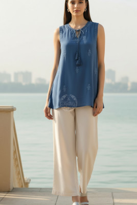 Blue Rayon Crepe Embroidered A-Line Tunic