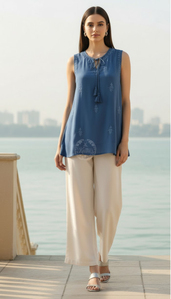 Blue Rayon Crepe Embroidered A-Line Tunic