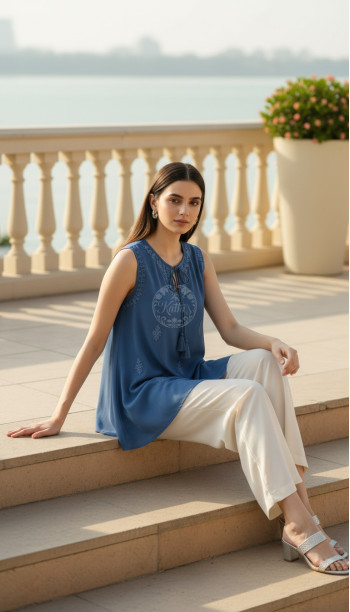 Blue Rayon Crepe Embroidered A-Line Tunic