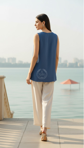 Blue Rayon Crepe Embroidered A-Line Tunic