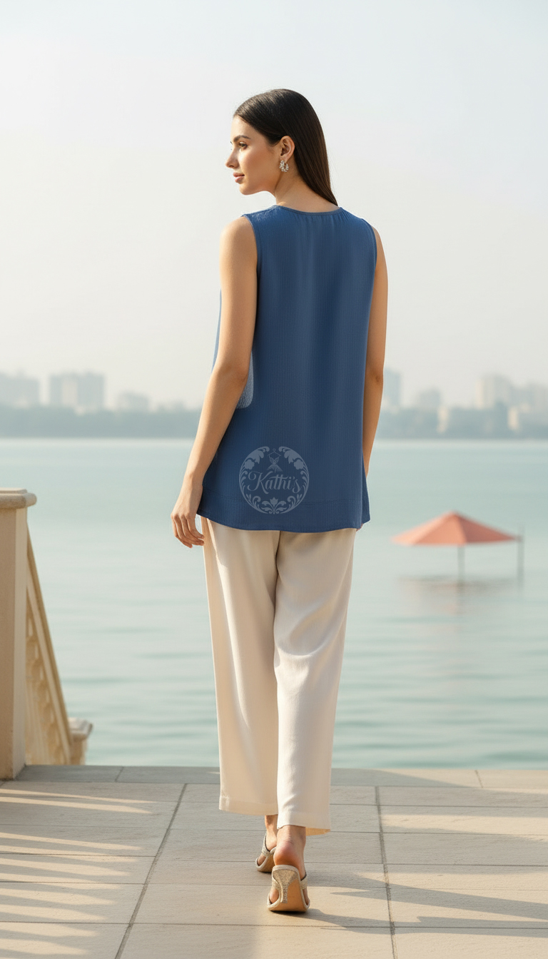 Blue Rayon Crepe Embroidered A-Line Tunic