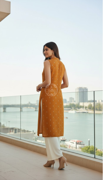 Mustard Viscose Blend Woven Design Kurta With Zari