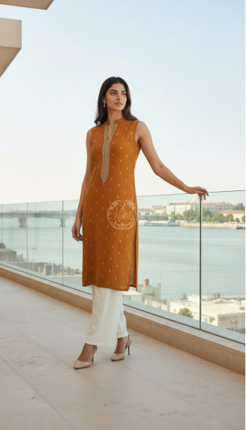 Mustard Viscose Blend Woven Design Kurta With Zari