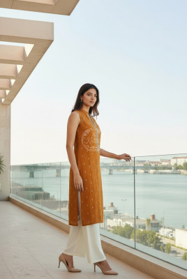 Mustard Viscose Blend Woven Design Kurta With Zari