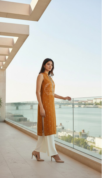 Mustard Viscose Blend Woven Design Kurta With Zari