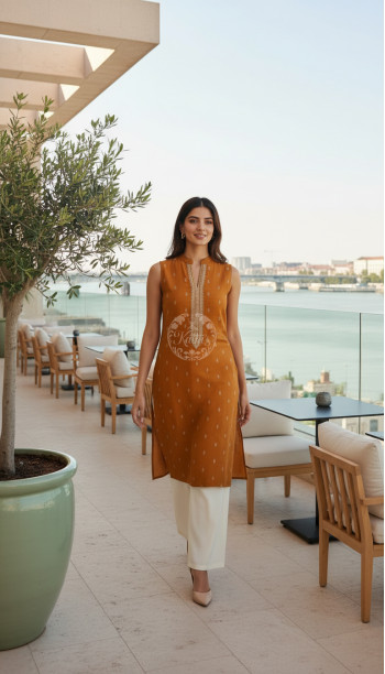 Mustard Viscose Blend Woven Design Kurta With Zari