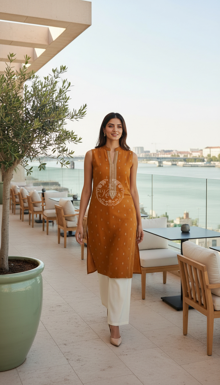 Mustard Viscose Blend Woven Design Kurta With Zari