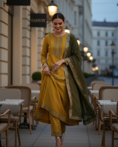Mustard Chanderi Suit Set With Embroidery And Sequins