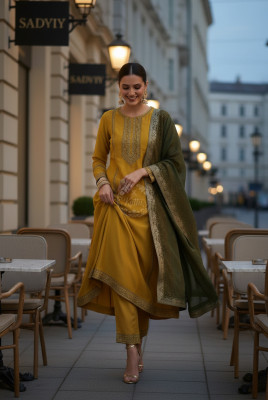 Mustard Chanderi Suit Set With Embroidery And Sequins