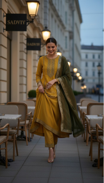 Mustard Chanderi Suit Set With Embroidery And Sequins