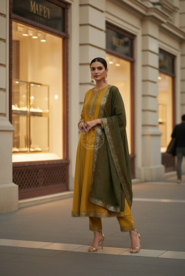 Mustard Chanderi Suit Set With Embroidery And Sequins