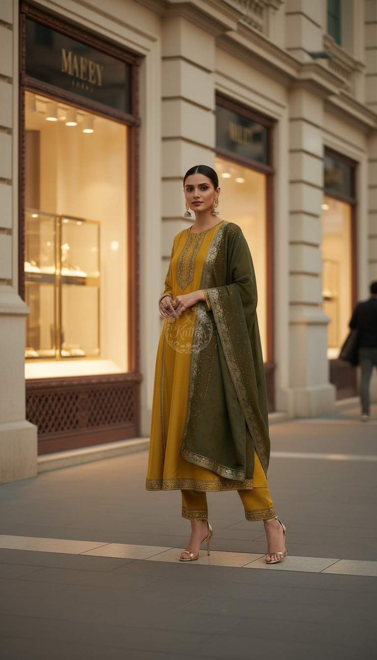 Mustard Chanderi Suit Set With Embroidery And Sequins