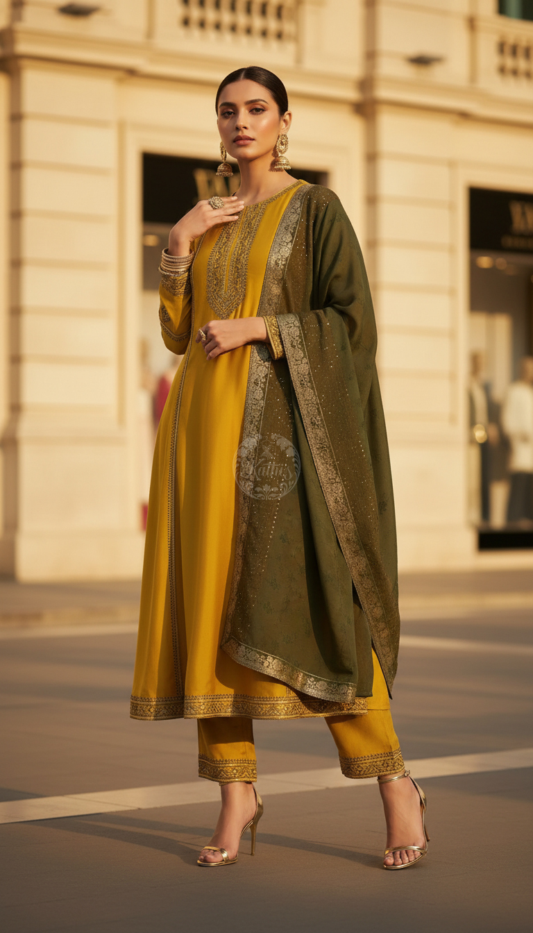 Mustard Chanderi Suit Set With Embroidery And Sequins