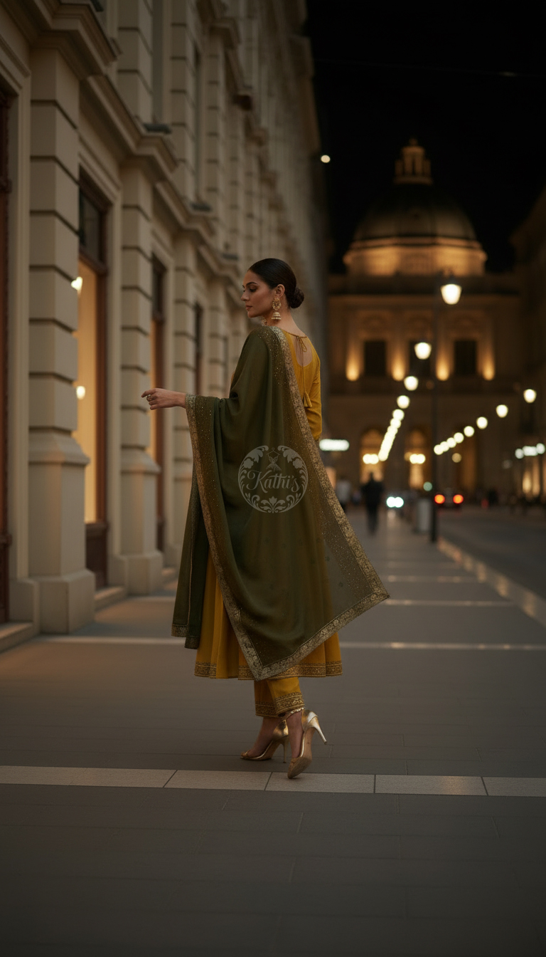 Mustard Chanderi Suit Set With Embroidery And Sequins