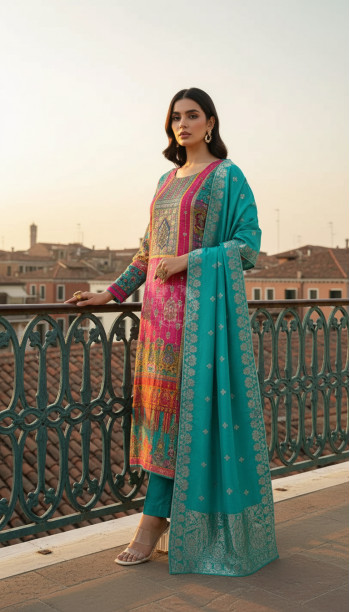 Teal Ethnic Motifs Brocade Suit Set With Faux Mirror