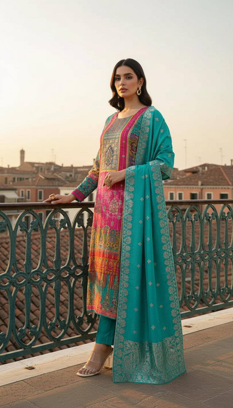 Teal Ethnic Motifs Brocade Suit Set With Faux Mirror