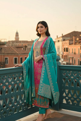 Teal Ethnic Motifs Brocade Suit Set With Faux Mirror