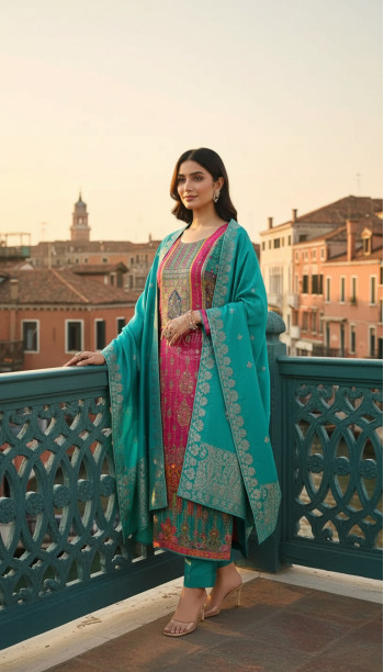 Teal Ethnic Motifs Brocade Suit Set With Faux Mirror