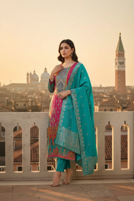 Teal Ethnic Motifs Brocade Suit Set With Faux Mirror
