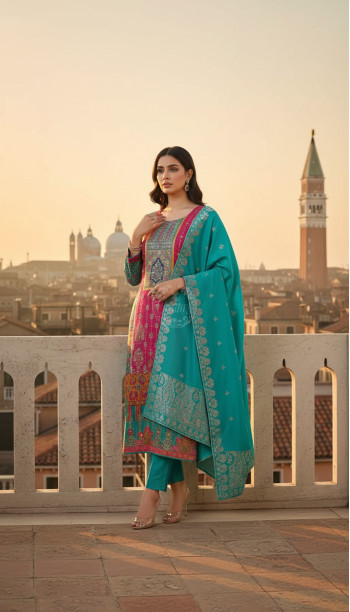 Teal Ethnic Motifs Brocade Suit Set With Faux Mirror