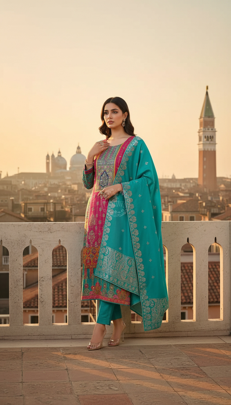 Teal Ethnic Motifs Brocade Suit Set With Faux Mirror