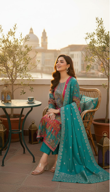 Teal Ethnic Motifs Brocade Suit Set With Faux Mirror