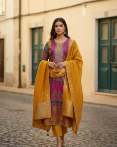 Mustard Brocade Ethnic Motifs Suit Set With Sequins