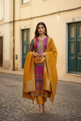 Mustard Brocade Ethnic Motifs Suit Set With Sequins