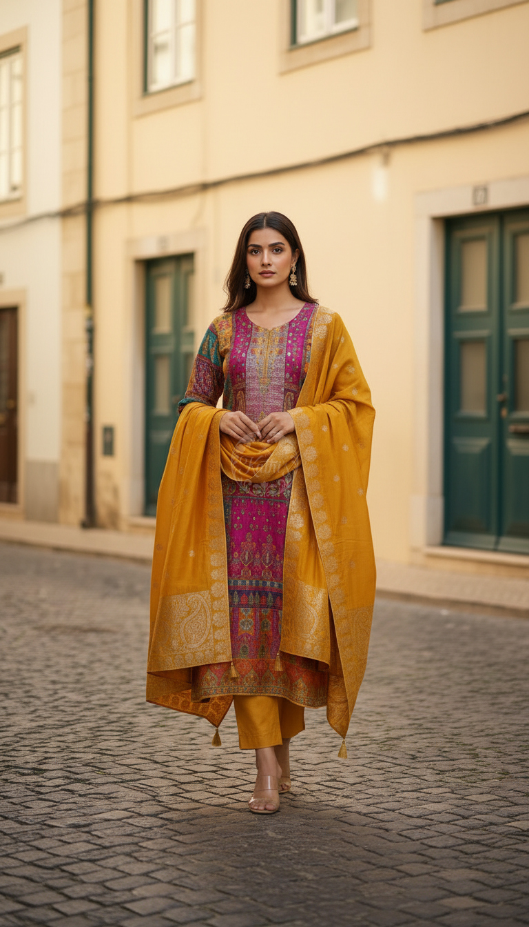 Mustard Brocade Ethnic Motifs Suit Set With Sequins