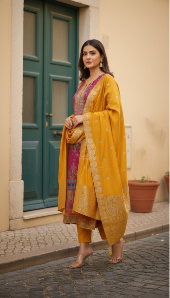 Mustard Brocade Ethnic Motifs Suit Set With Sequins