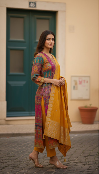 Mustard Brocade Ethnic Motifs Suit Set With Sequins
