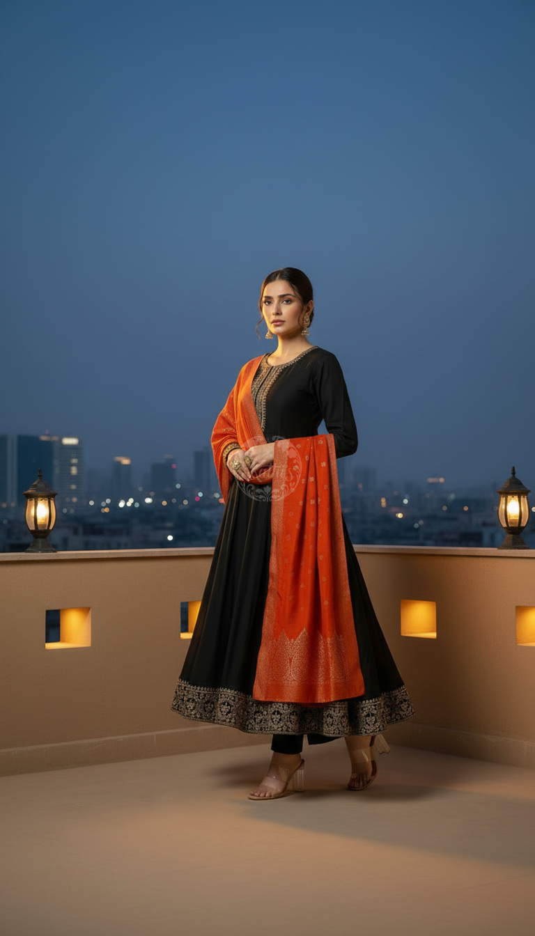 Black Dupion Silk Embroidered Suit Set With Sequins